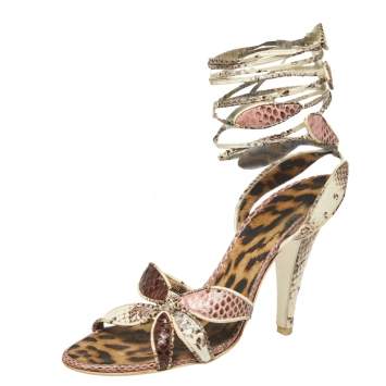 Pre Owned Roberto Cavalli Multicolor Python Leather Ankle Wrap Slingback Sandals Size 39