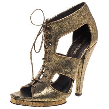 Pre Owned Roberto Cavalli Metallic Bronze Leather Lace Up Ankle Booties Size 39