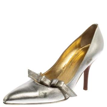 Pre Owned Roberto Cavalli Silver Leather Slip On Pointed Toe Pumps Size 38