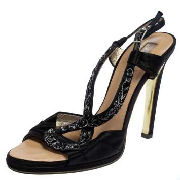 Pre Owned Roberto Cavalli Black Satin Embellished Slingback Sandals Size 37.5