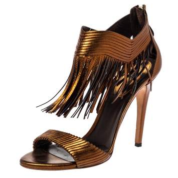 Pre Owned Roberto Cavalli Metallic Brown Leather Fringe Sandals Size 40