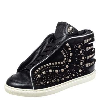 Pre Owned Roberto Cavalli Black Suede And Leather Studded Mid Top Sneaker Size 39