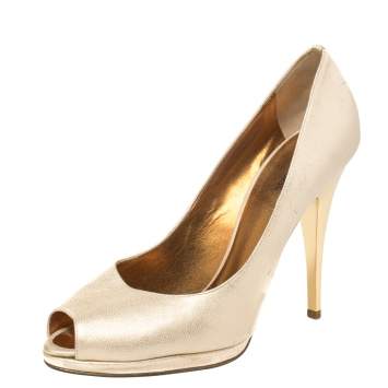 Pre Owned Roberto Cavalli Metallic Gold Leather Peep Toe Pumps Size 41