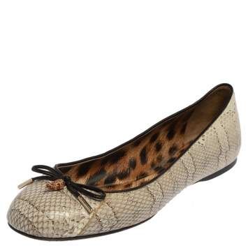 Pre Owned Roberto Cavalli Grey Python Embossed Leather Bow Ballet Flats Size 39.5 