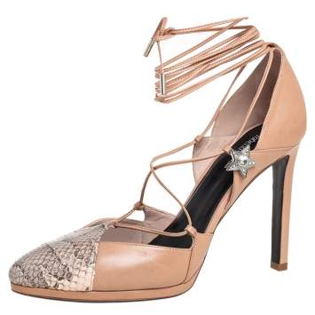 Pre Owned Roberto Cavalli Beige Leather And Python Cap Toe Ankle Wrap Pumps Size 38