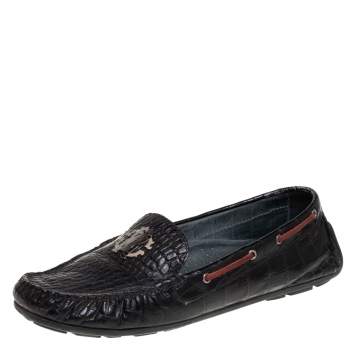 Pre Owned Roberto Cavalli Black Croc Embossed Leather Slip on Loafers Size 40