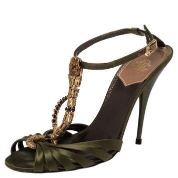 Pre Owned Roberto Cavalli Olive Green Satin Snake Embellished Ankle Strap Sandals Size 39