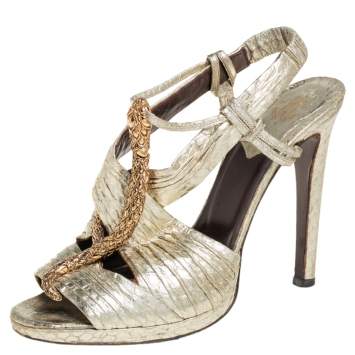 Pre Owned Roberto Cavalli Gold Python Snake Embellished Slingback Sandals Size 38