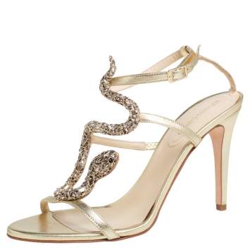 Pre Owned Roberto Cavalli Metallic Leather And Snake Detail Strappy Sandals Size 39