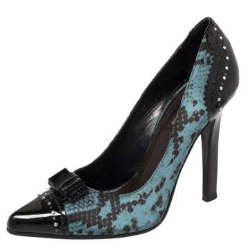 Pre Owned Roberto Cavalli Black/Blue Python Print Satin And Patent Leather Pointed Toe Pumps Size 37