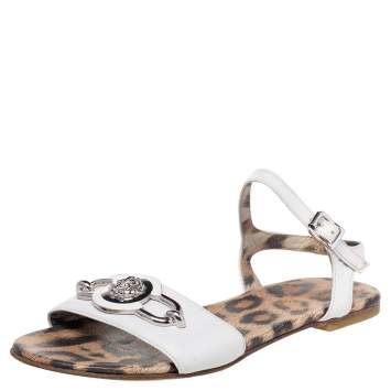 Pre Owned Roberto Cavalli White Leather Embellished Flat Sandals Size 37
