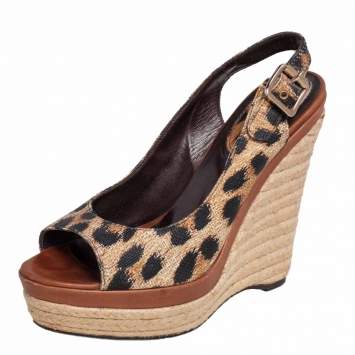 Pre Owned Roberto Cavalli Brown Leather Tiger Print Slingback Espadrille Wedge Sandals Size 38