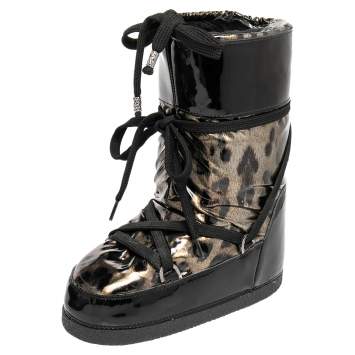 Pre Owned Roberto Cavalli Black Patent Leather and Leopard Print Coated Fabric Snow Boots Size 38