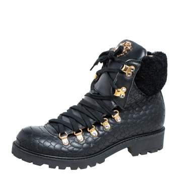 Pre Owned Roberto Cavalli Black Leather Combat Boots Size 38