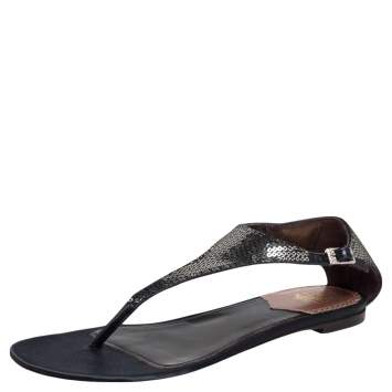 Pre Owned Roberto Cavalli Black/Silver Sequins and Satin Thong Ankle Strap Flat Sandals Size 39