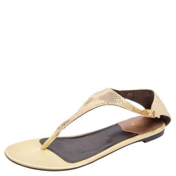 Pre Owned Roberto Cavalli Yellow Sequin and Satin Thong Ankle Strap Flat Sandals Size 39