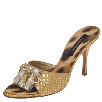 Pre Owned Roberto Cavalli Gold Python Embossed Leather Embellished Slide Sandals Size 37.5