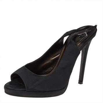 Pre Owned Roberto Cavalli Black Satin Slingback Peep Toe Sandals Size 38