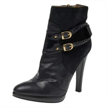 Pre Owned Roberto Cavalli Black Suede And Snake Skin Ankle Length Boots Size 37