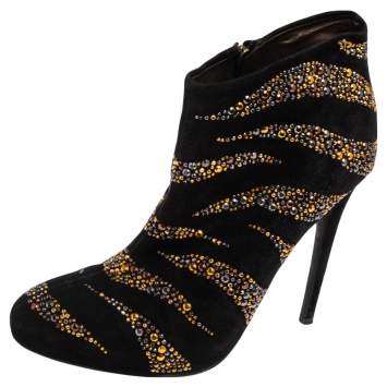 Pre Owned Roberto Cavalli Black Suede Studded Embellished Ankle Boots Size 40