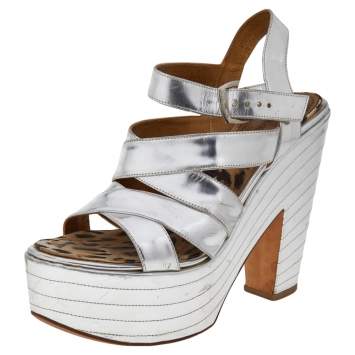 Pre Owned Roberto Cavalli Silver Leather Platform Ankle Strap Sandals Size 39