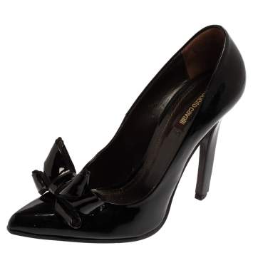 Pre Owned Roberto Cavalli Black Patent Leather Bow Pointed Toe Pumps Size 40