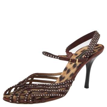 Pre Owned Roberto Cavalli Brown Leather Studded Slingback Sandals Size 41