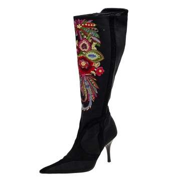 Pre Owned Roberto Cavalli Black Embroidered Fabric And Python Embossed Suede Knee Length Boots Size 39