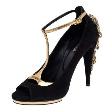 Pre Owned Roberto Cavalli Black/Gold Suede And Leather Ankle Strap Snake Embellished Sandals Size 38.5
