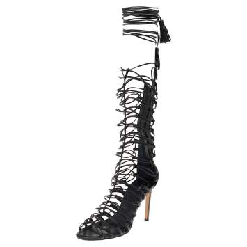 Pre Owned Roberto Cavalli Black Leather Gladiator Ankle Wrap Sandals Size 39