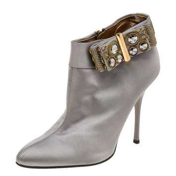 Pre Owned Roberto Cavalli Grey Satin Bow Embellished Ankle Length Boots Size 38