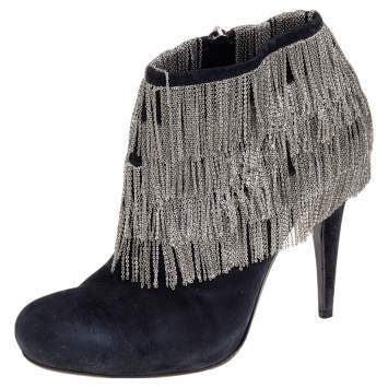 Pre Owned Roberto Cavalli Black Suede Chain Booties Size 40