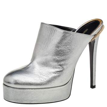 Pre Owned Roberto Cavalli Metallic Silver Leather Platform Mules Size 38