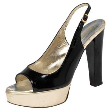 Pre Owned Roberto Cavalli Black-Gold Patent Leather And Leather Slingback Sandals Size 38