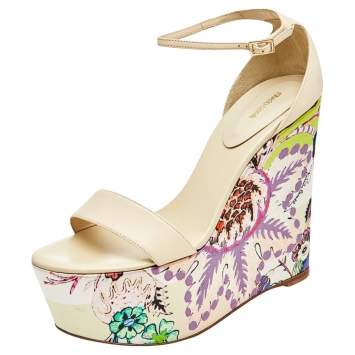Pre Owned Roberto Cavalli Cream Leather Wedge Sandals Size 40