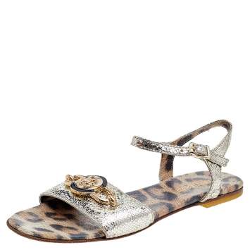 Pre Owned Roberto Cavalli Metallic Gold Leather Flat Sandals Size 35