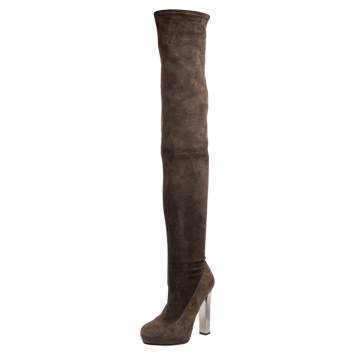 Pre Owned Roberto Cavalli Brown Suede Fold Thigh High Boots Size 37.5