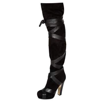 Pre Owned Roberto Cavalli Black Suede and Leather Wrap Tie Thigh High Boots Size 37