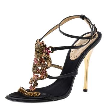 Pre Owned Roberto Cavalli Black Leather Skull Embellished Sandals Size 39.5