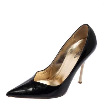 Pre Owned Roberto Cavalli Metallic Black Patent Leather Pointed Toe Pumps Size 38.5