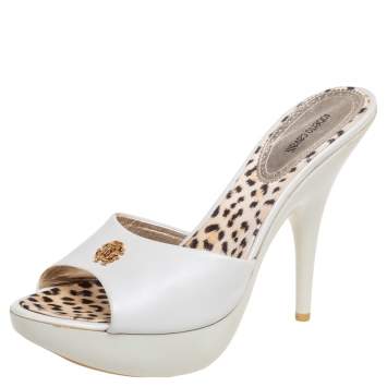Pre Owned Roberto Cavalli White Leather Logo Buckle Platform Sandals Size 40