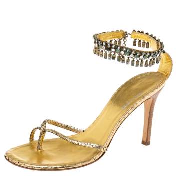 Pre Owned Roberto Cavalli Gold Snakeskin Embossed Leather Crystal Embellished Ankle Sandals Size 38
