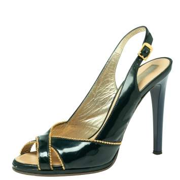 Pre Owned Roberto Cavalli Dark Green Patent Leather Slingback Peep-Toe Sandals Size 38.5