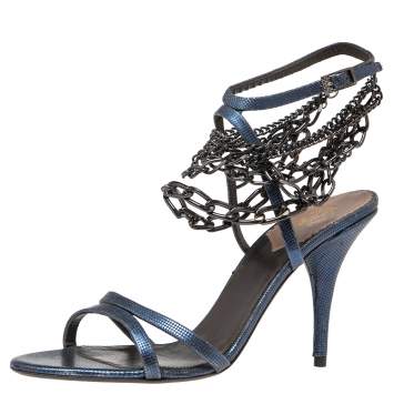 Pre Owned Roberto Cavalli Metallic Blue Leather Ankle Chain/Strap Sandals Size 38