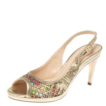 Pre Owned Roberto Cavalli Gold Leather Slingback Peep Toe Sandals Size 38.5