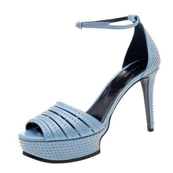 Pre Owned Roberto Cavalli Light Blue Leather Studded Ankle Strap Platform Sandals Size 40