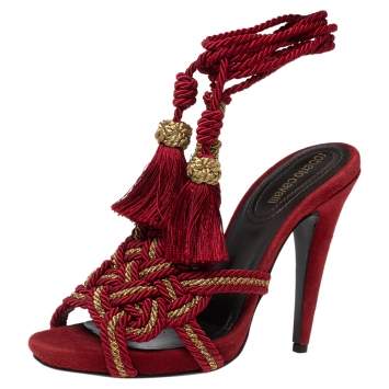 Pre Owned Roberto Cavalli Red Woven Fabric And Suede Ankle Wrap Sandals Size 38
