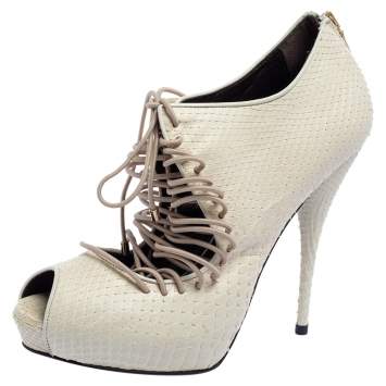 Pre Owned Roberto Cavalli Cream Snakeskin Leather Peep-Toe Lace-Up Ankle Booties Size 38