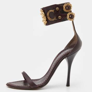 Pre Owned Roberto Cavalli Burgundy Leather Buckle Detail Ankle Cuff Sandals Size 36
