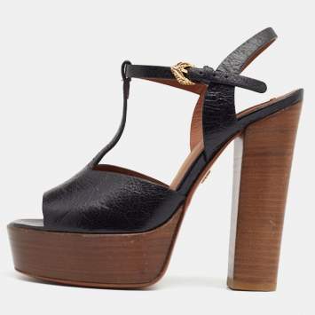 Pre Owned Roberto Cavalli Black Leather T Strap Platform Sandals Size 36